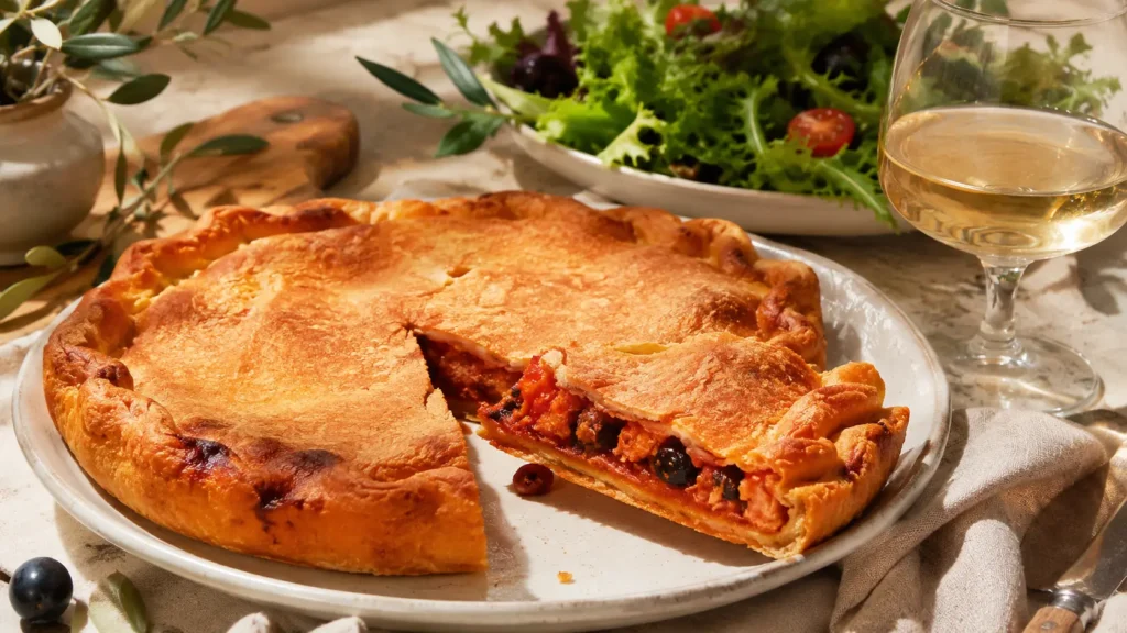 tielle traditionnelle, accompagnée d'une salade verte et d'un verre de vin