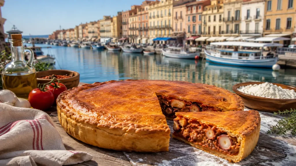 image représentant une tielle posé au bord du port de sète